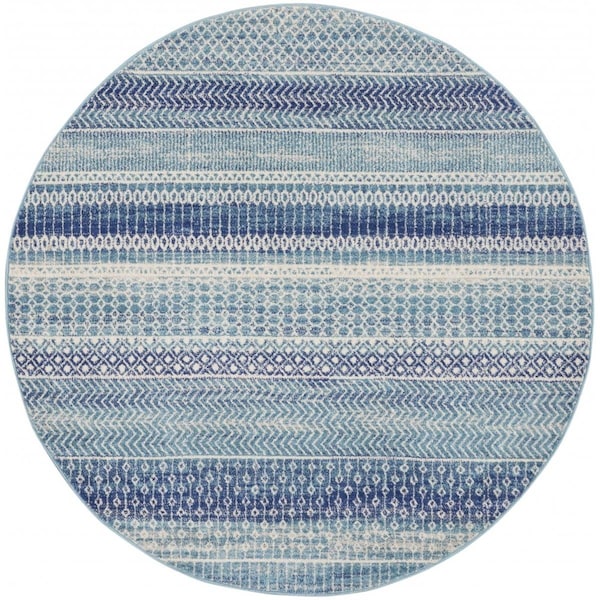 Palacedesigns 5 ft. Round Navy Blue Ornate Stripes Area Rug PA3645145 - main